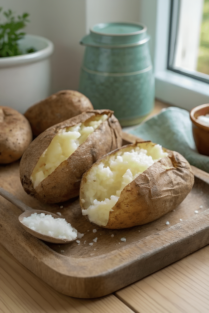Finished Blackstone griddle baked potatoes in the reserved kitchen scene
