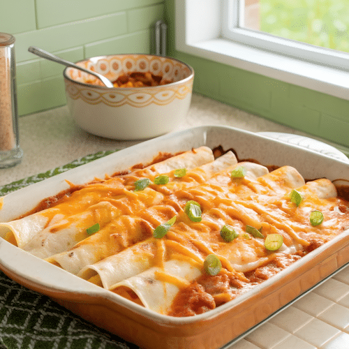 Breakfast Enchiladas with Ham and Peppers finished dish