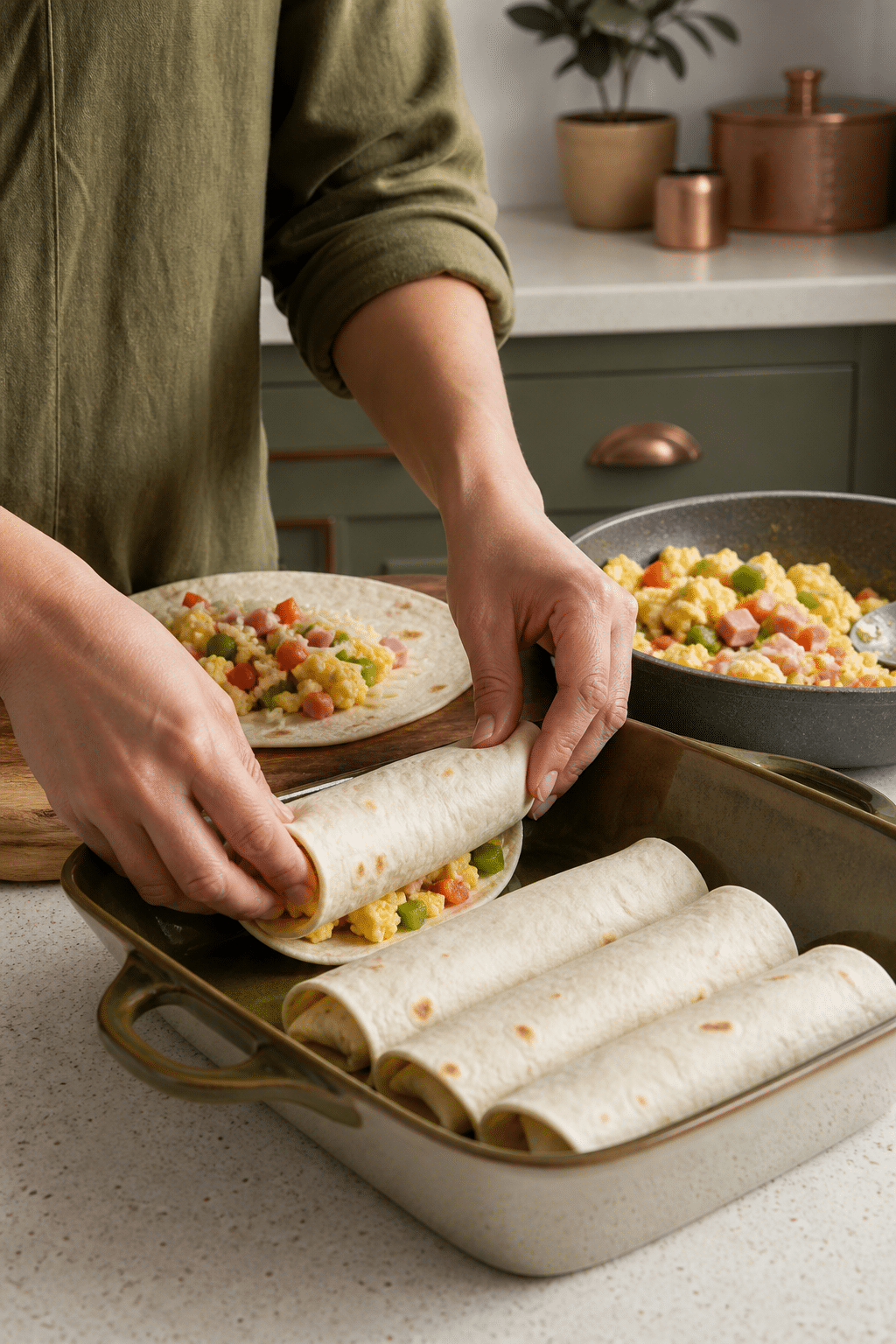 Preparing breakfast enchiladas in the reserved kitchen scene