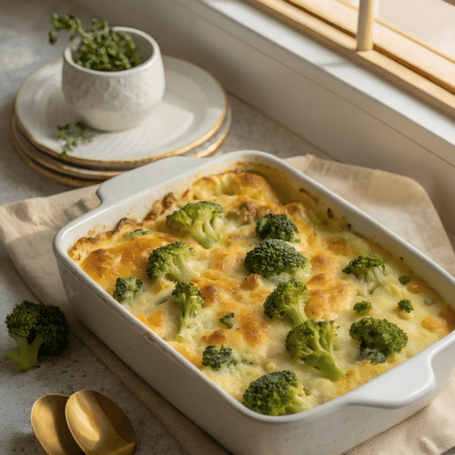 Finished broccoli cheese casserole ready to serve