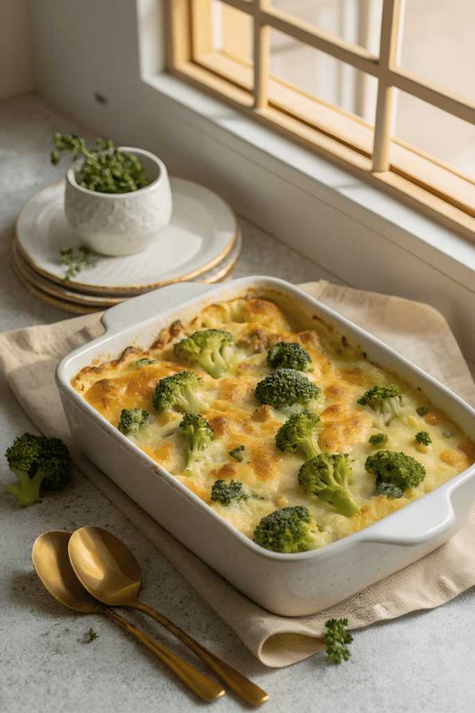 Finished broccoli cheese casserole ready to serve
