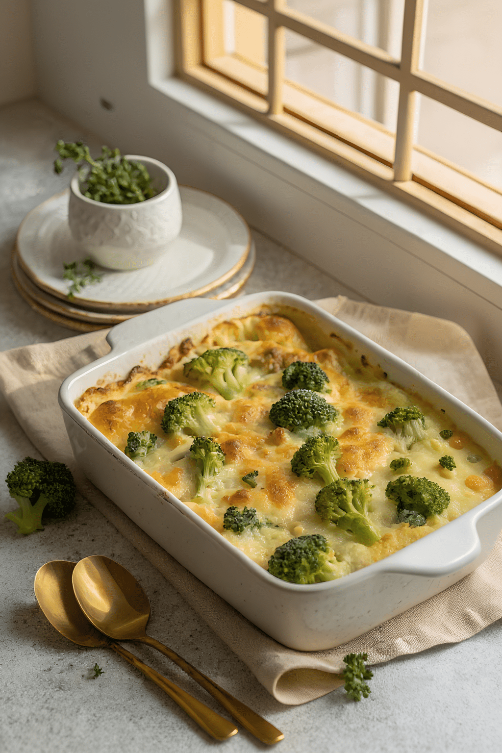 Finished broccoli cheese casserole ready to serve