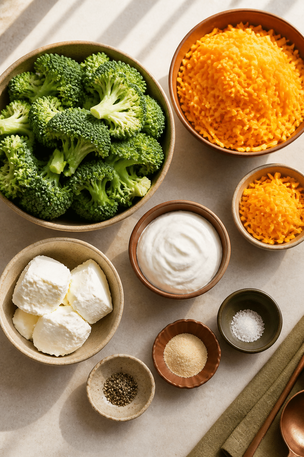 Ingredients arranged for broccoli cheese casserole