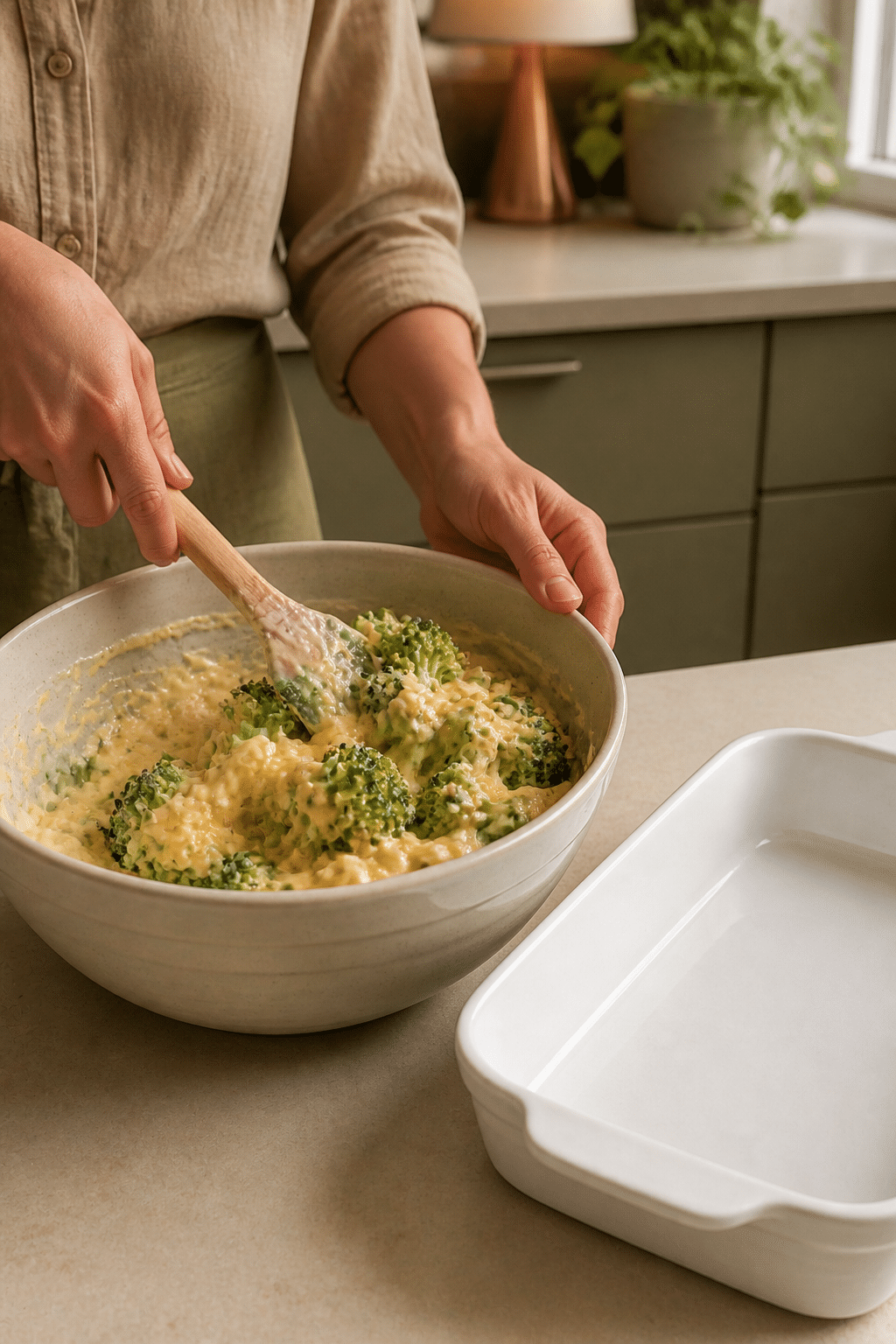 Preparing broccoli cheese casserole step by step