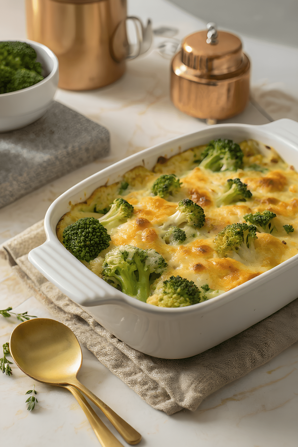 Close view of the finished broccoli cheese casserole