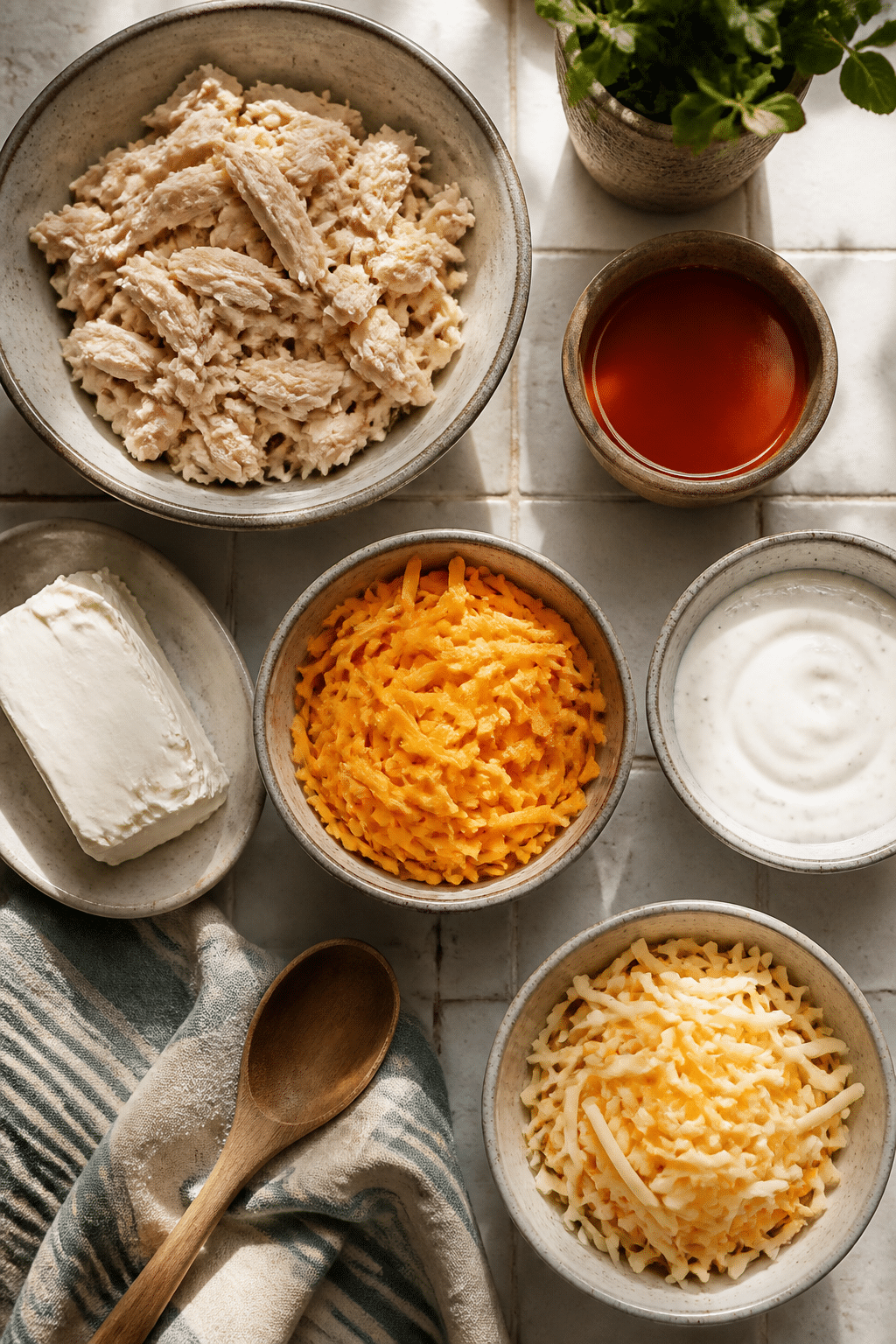 buffalo chicken dip ingredients arranged for preparation