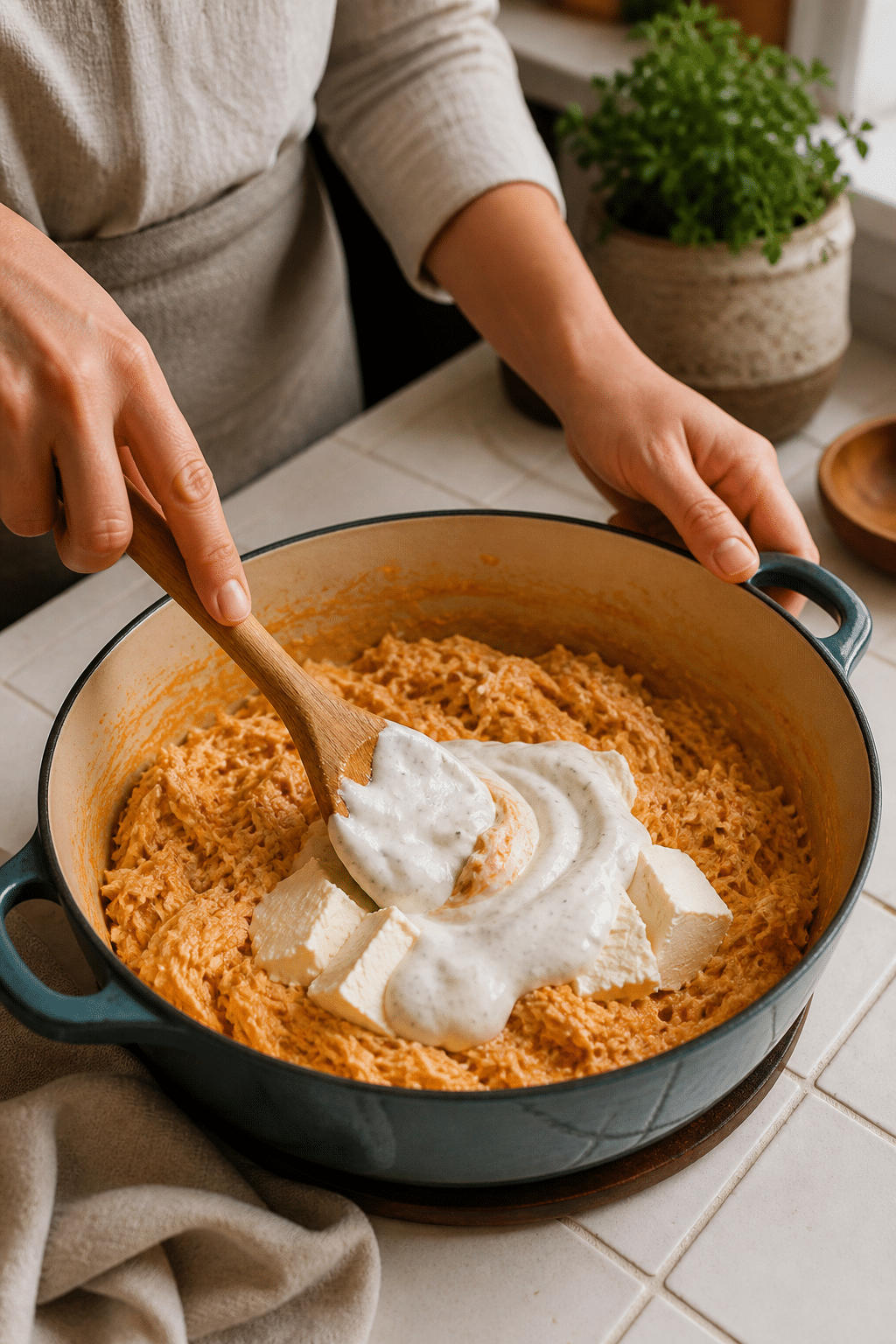 Preparing buffalo chicken dip in the reserved kitchen scene