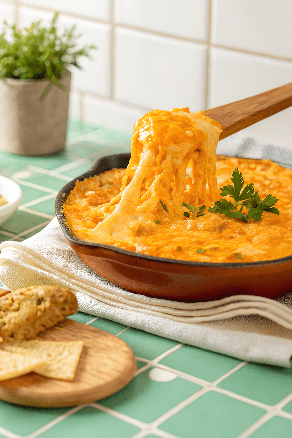 Close view of finished buffalo chicken dip