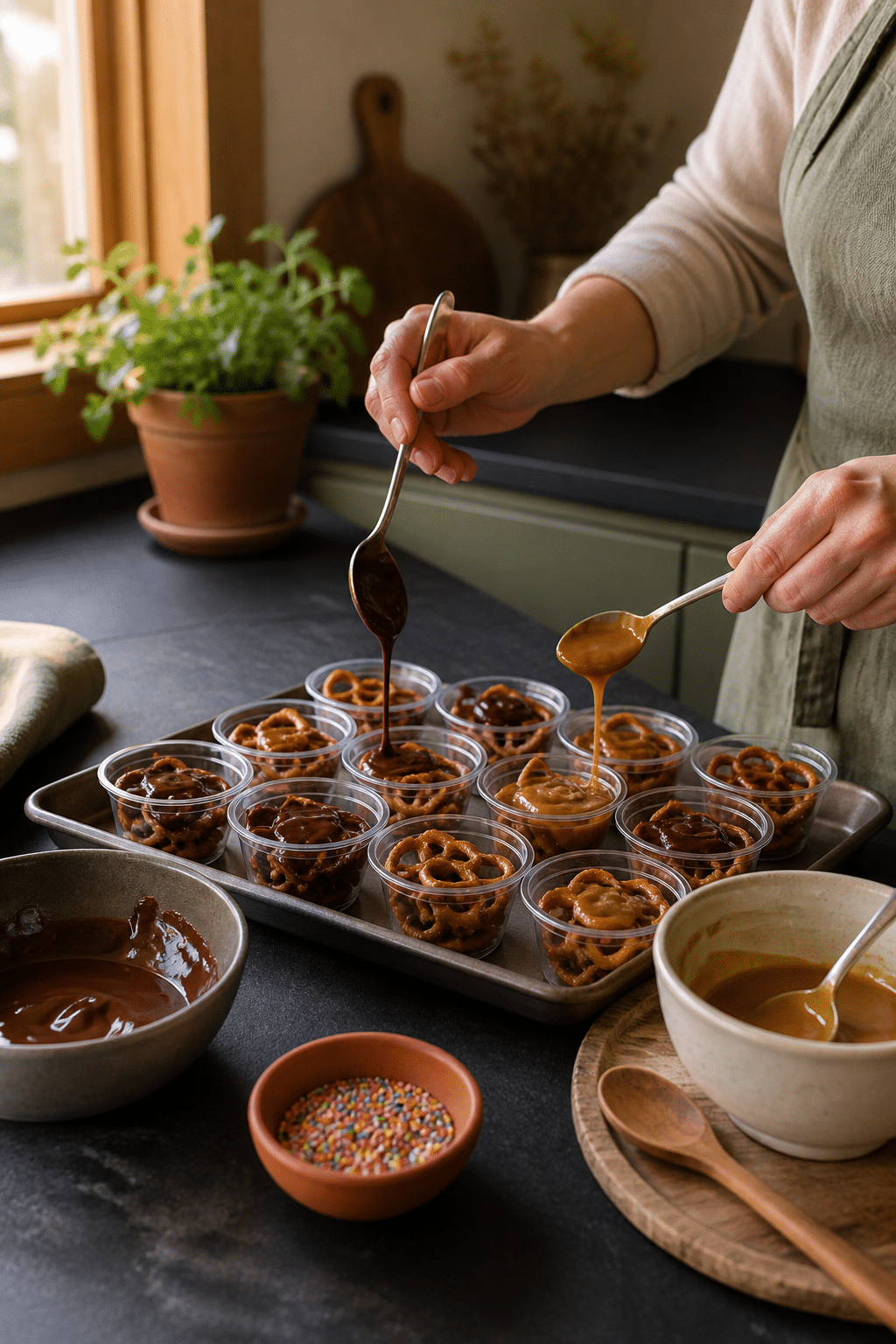 Chocolate and caramel spooned into pretzel cups