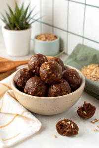 Finished chocolate oat balls in the reserved kitchen scene