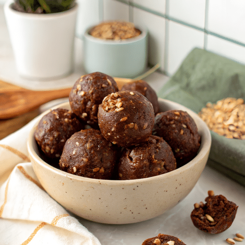 Finished chocolate oat balls in the reserved kitchen scene