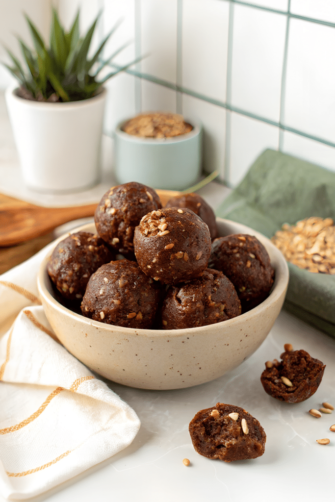 Finished chocolate oat balls in the reserved kitchen scene