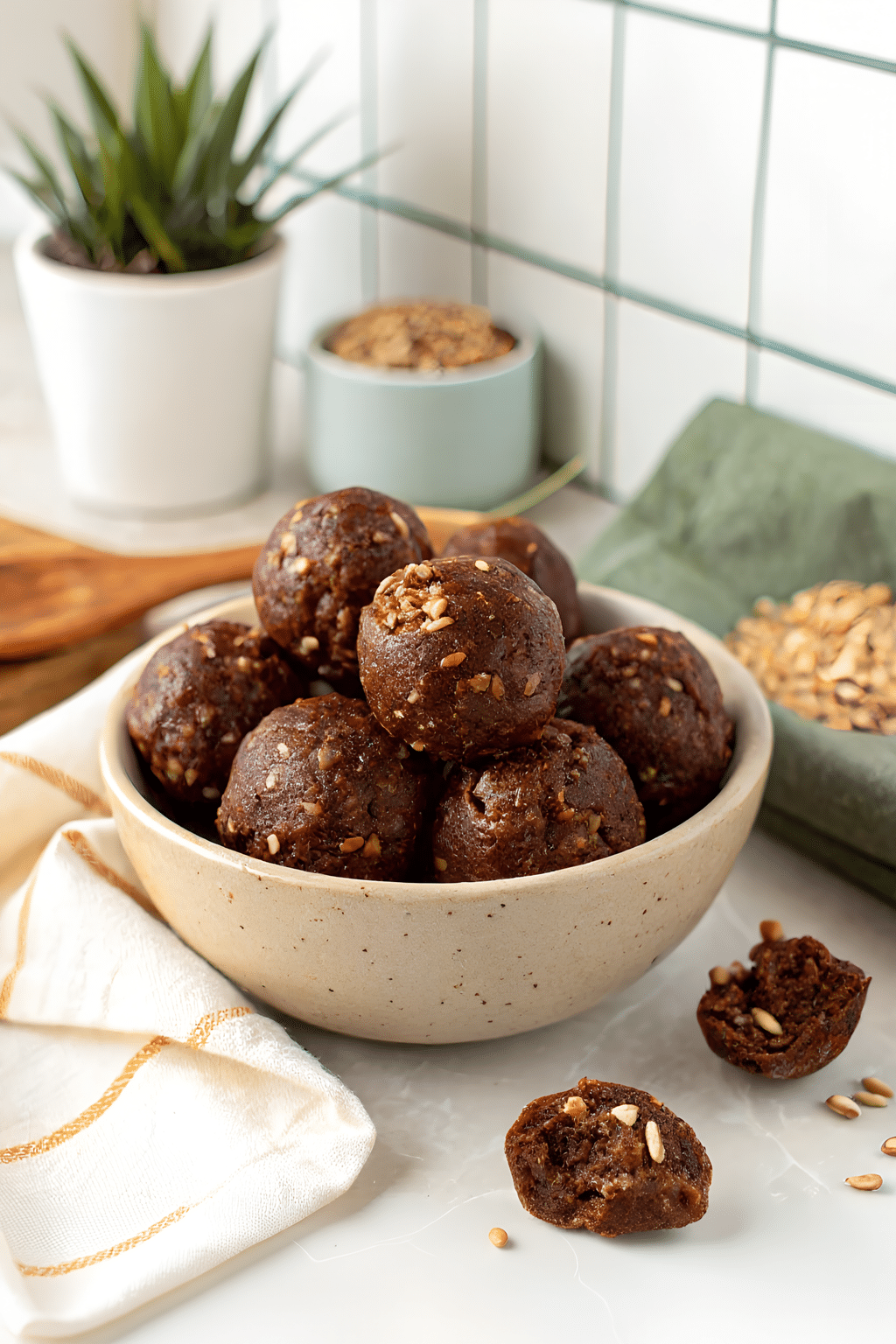 Finished chocolate oat balls in the reserved kitchen scene
