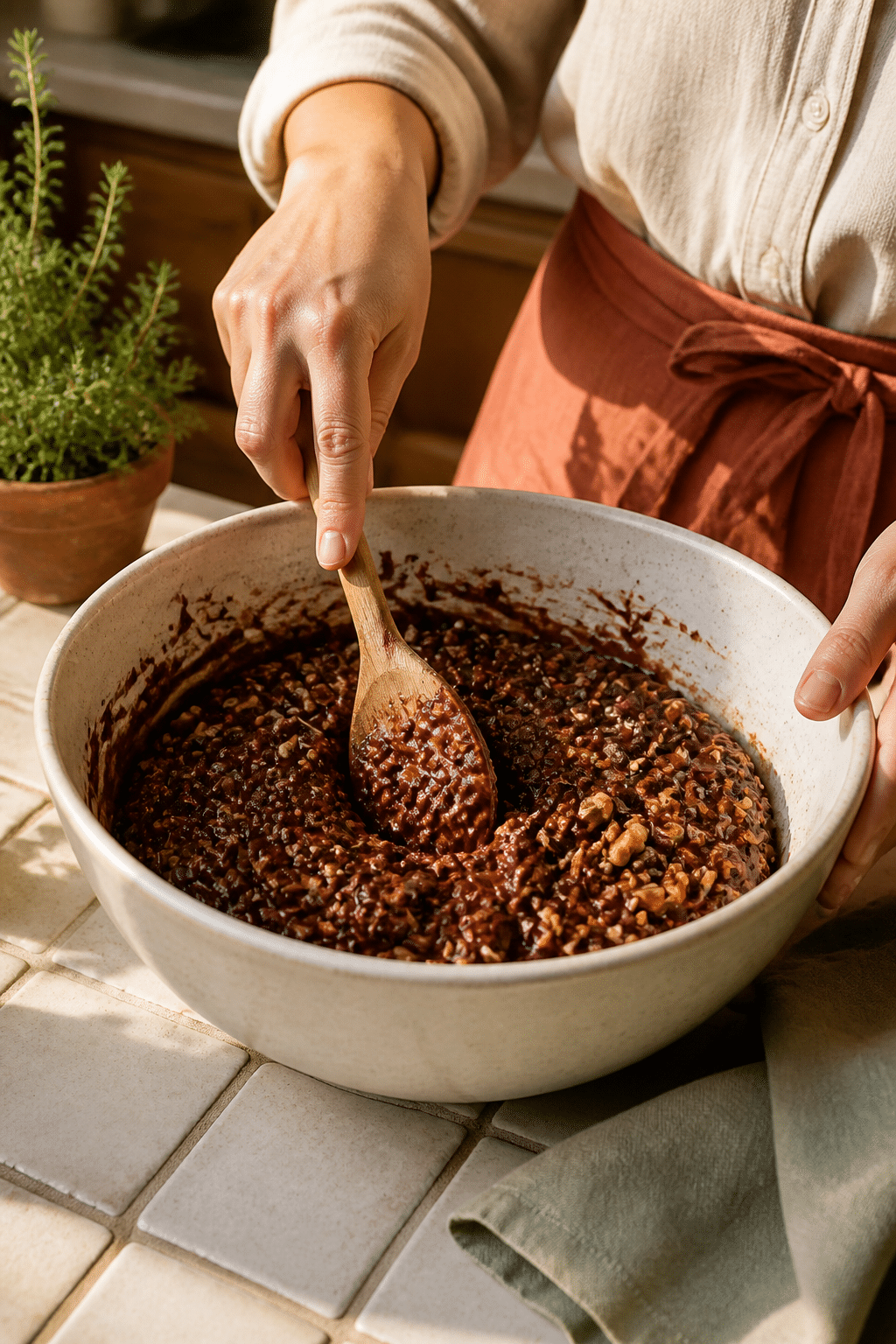Preparing chocolate oat balls in the reserved kitchen scene