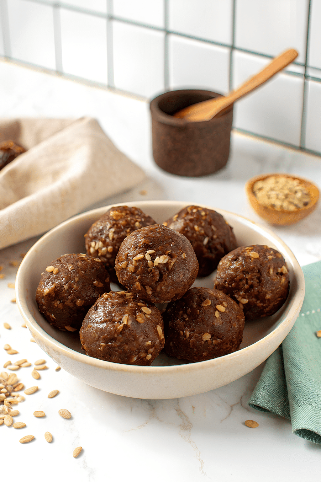 Close view of the finished chocolate oat balls
