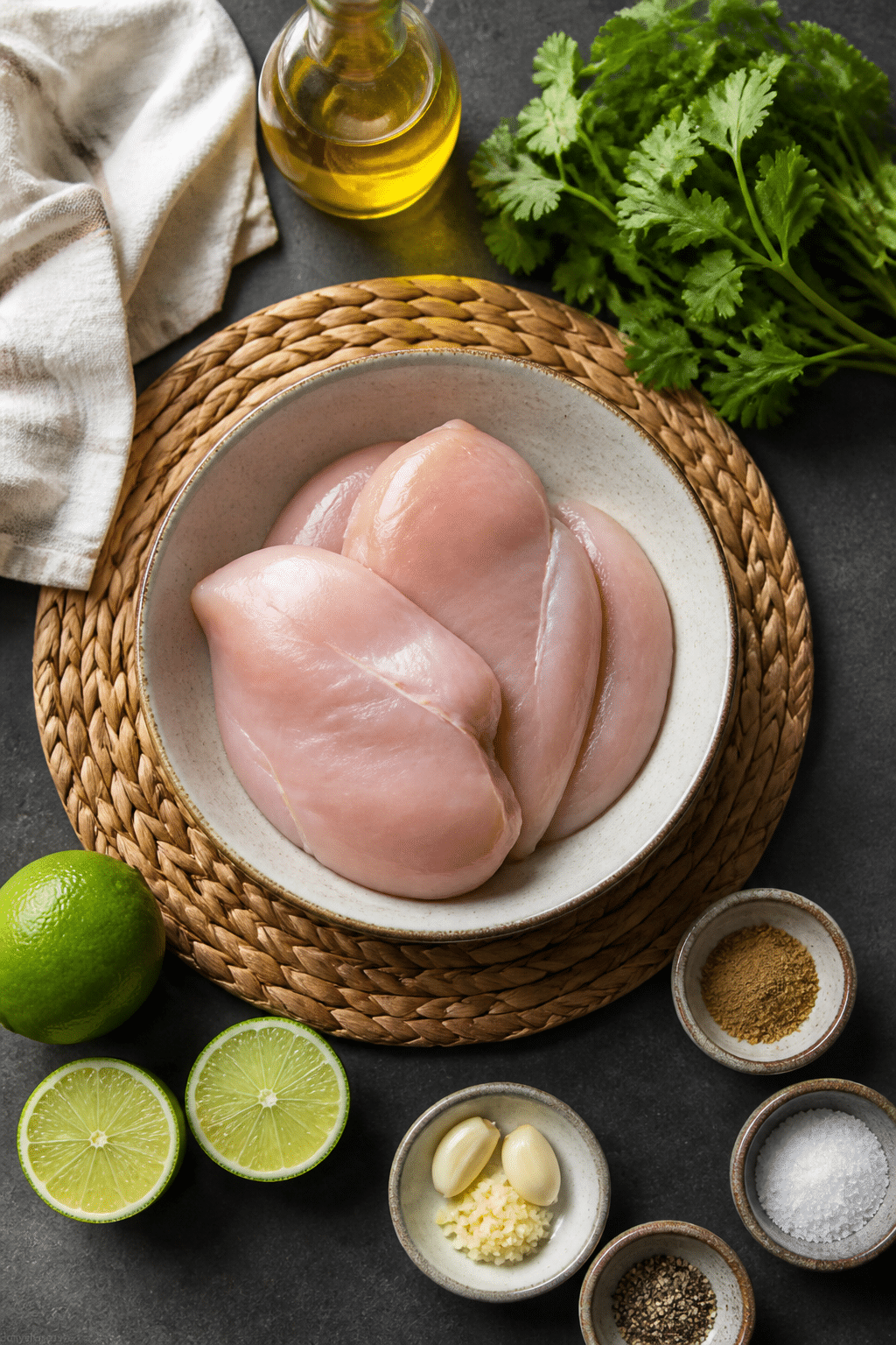 Cilantro lime grilled chicken ingredients on stone