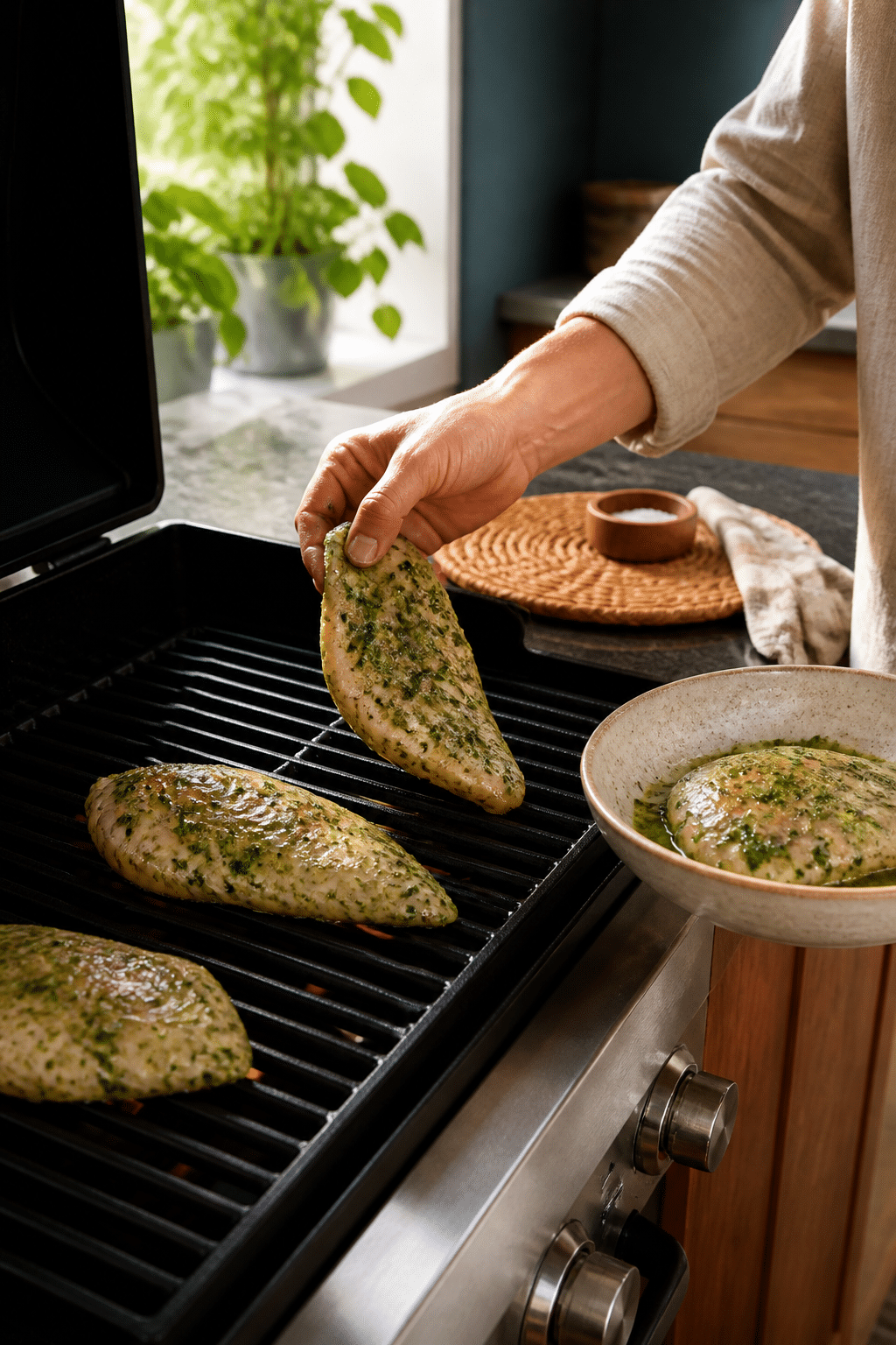 Marinated chicken being placed on a grill