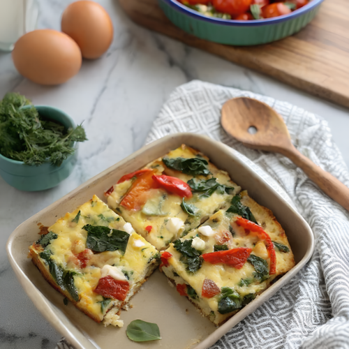 Finished easy veggie egg bake in the reserved kitchen scene