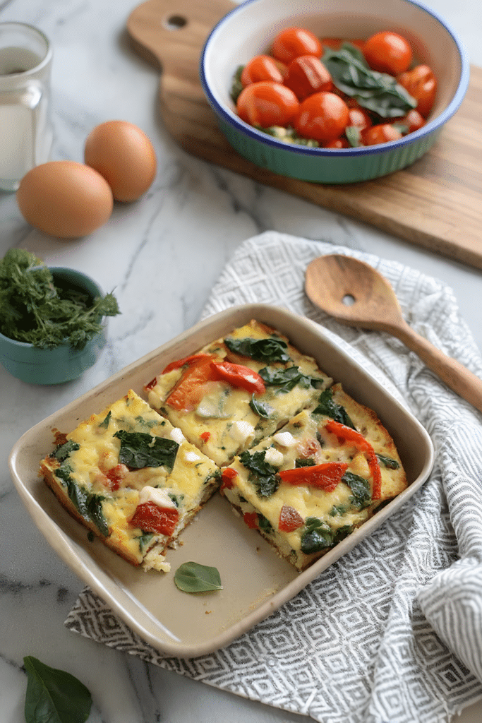 Finished easy veggie egg bake in the reserved kitchen scene