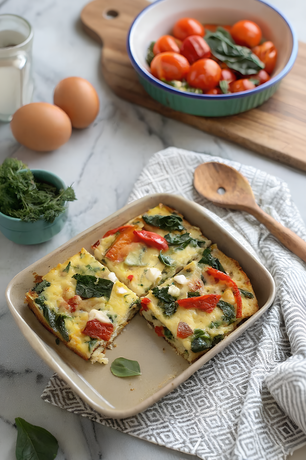 Finished easy veggie egg bake in the reserved kitchen scene