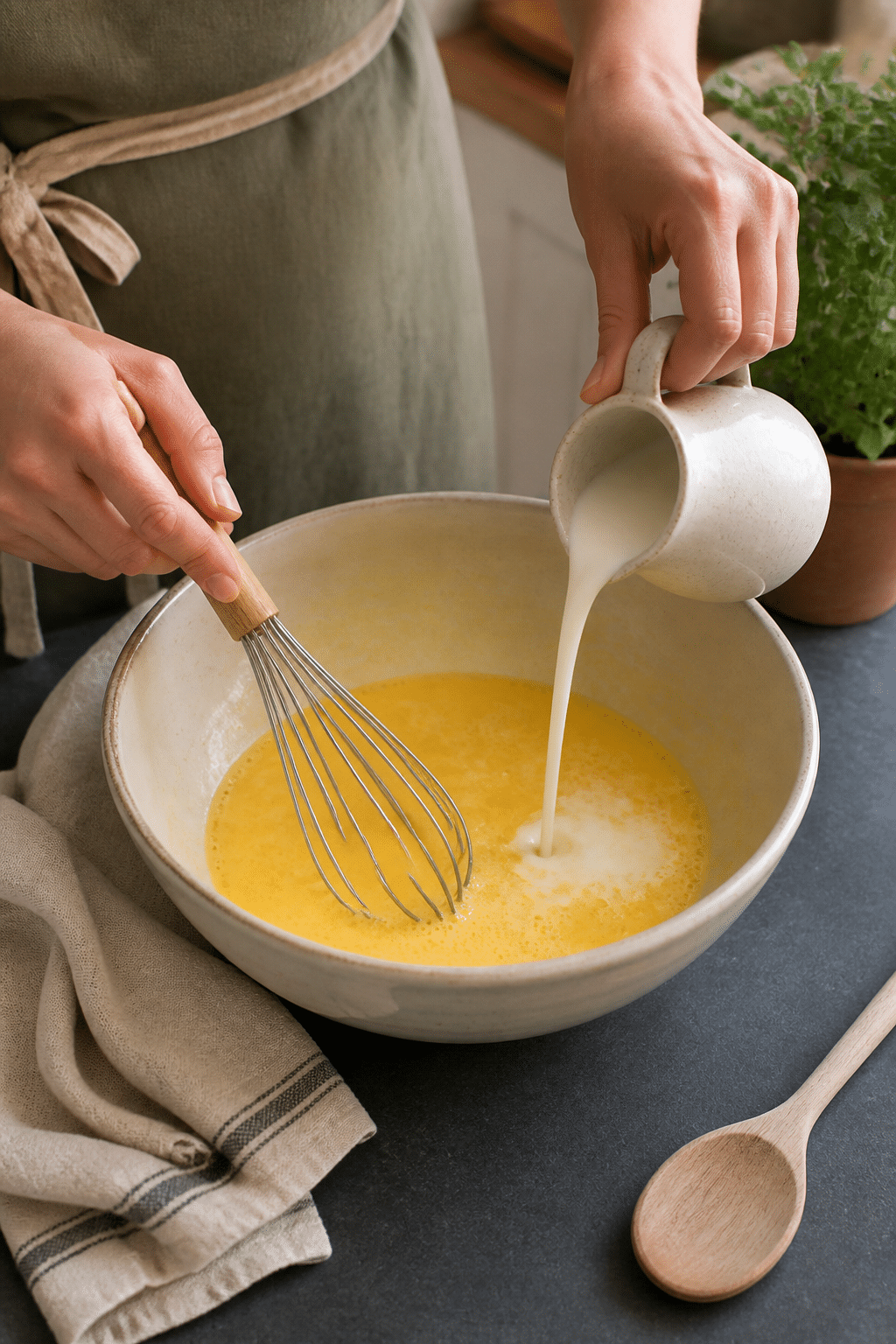 Preparing easy veggie egg bake in the reserved kitchen scene