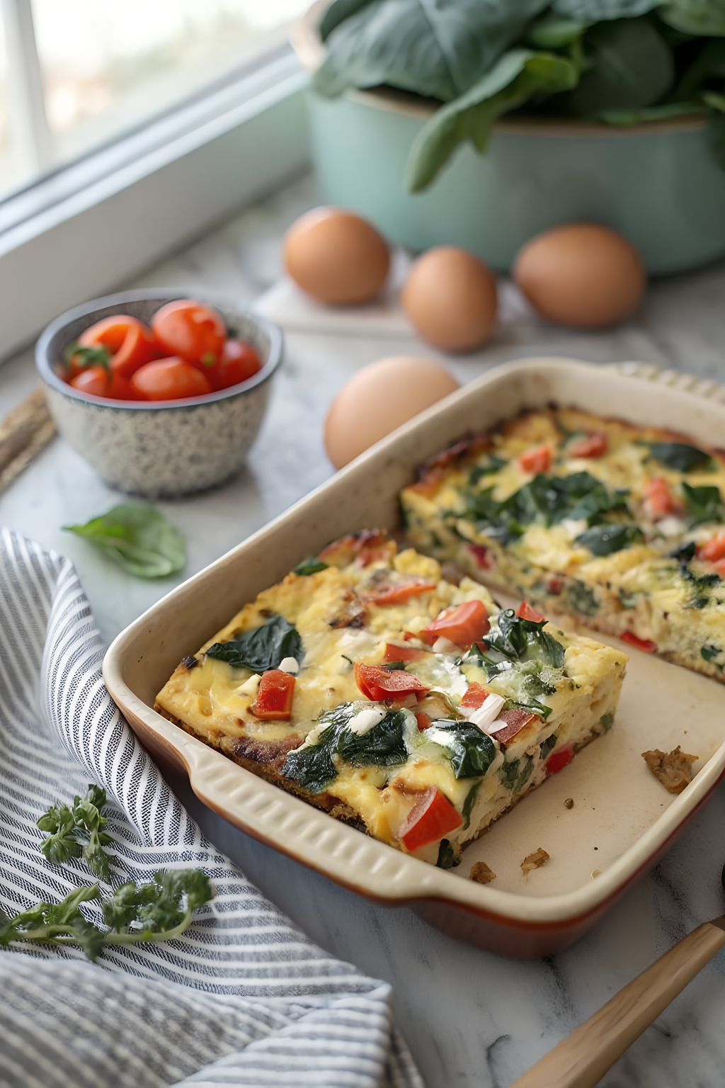 Close view of the finished easy veggie egg bake