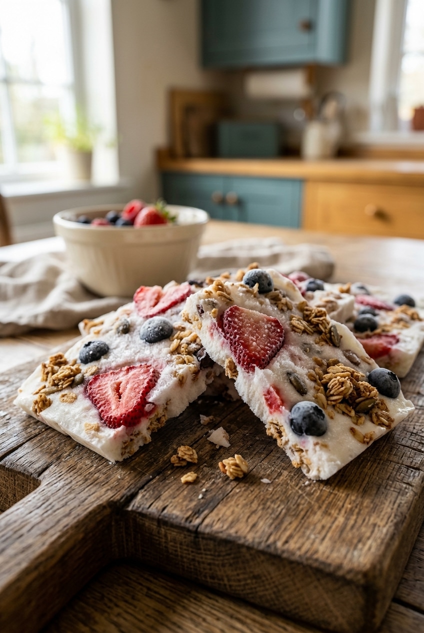 Close view of the finished frozen yogurt bark