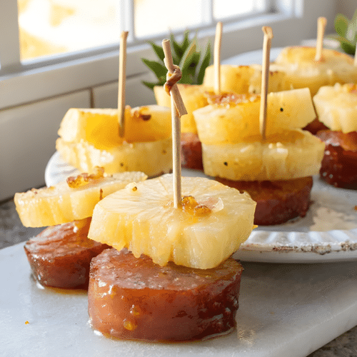 glazed kielbasa bites with pineapple and glossy sweet-savory glaze