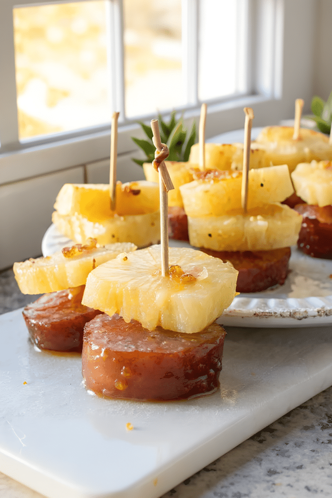 glazed kielbasa bites with pineapple and glossy sweet-savory glaze