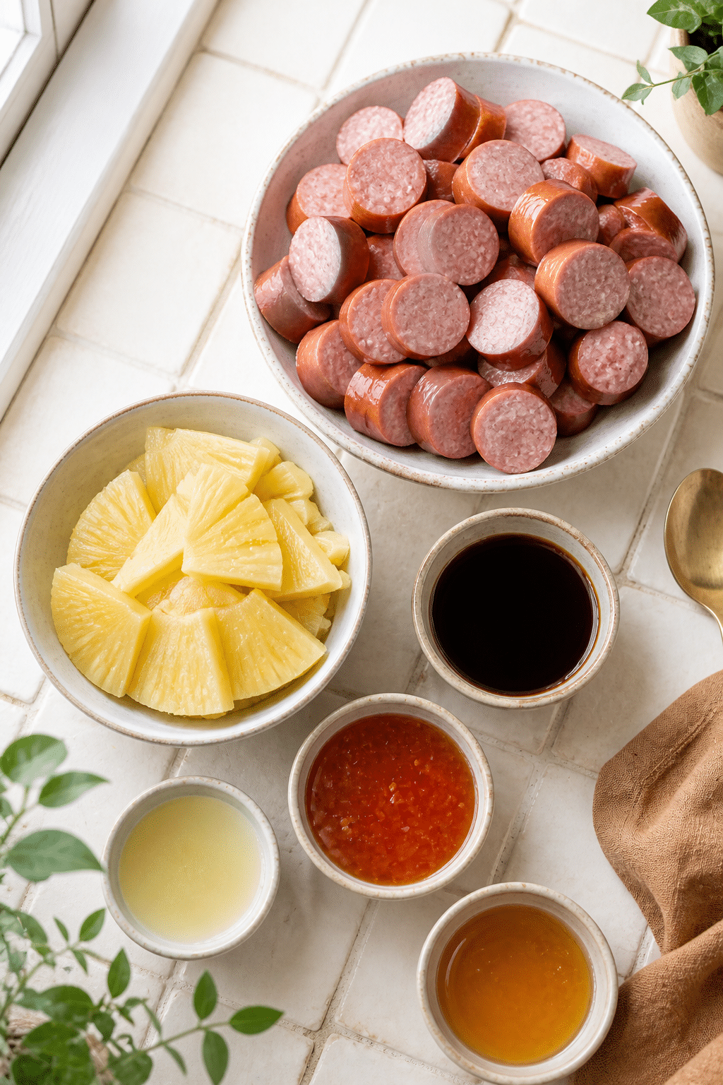 glazed kielbasa bites ingredients measured on an ivory kitchen counter