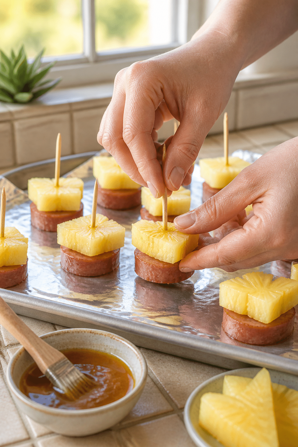 hands assembling glazed kielbasa bites with pineapple and toothpicks