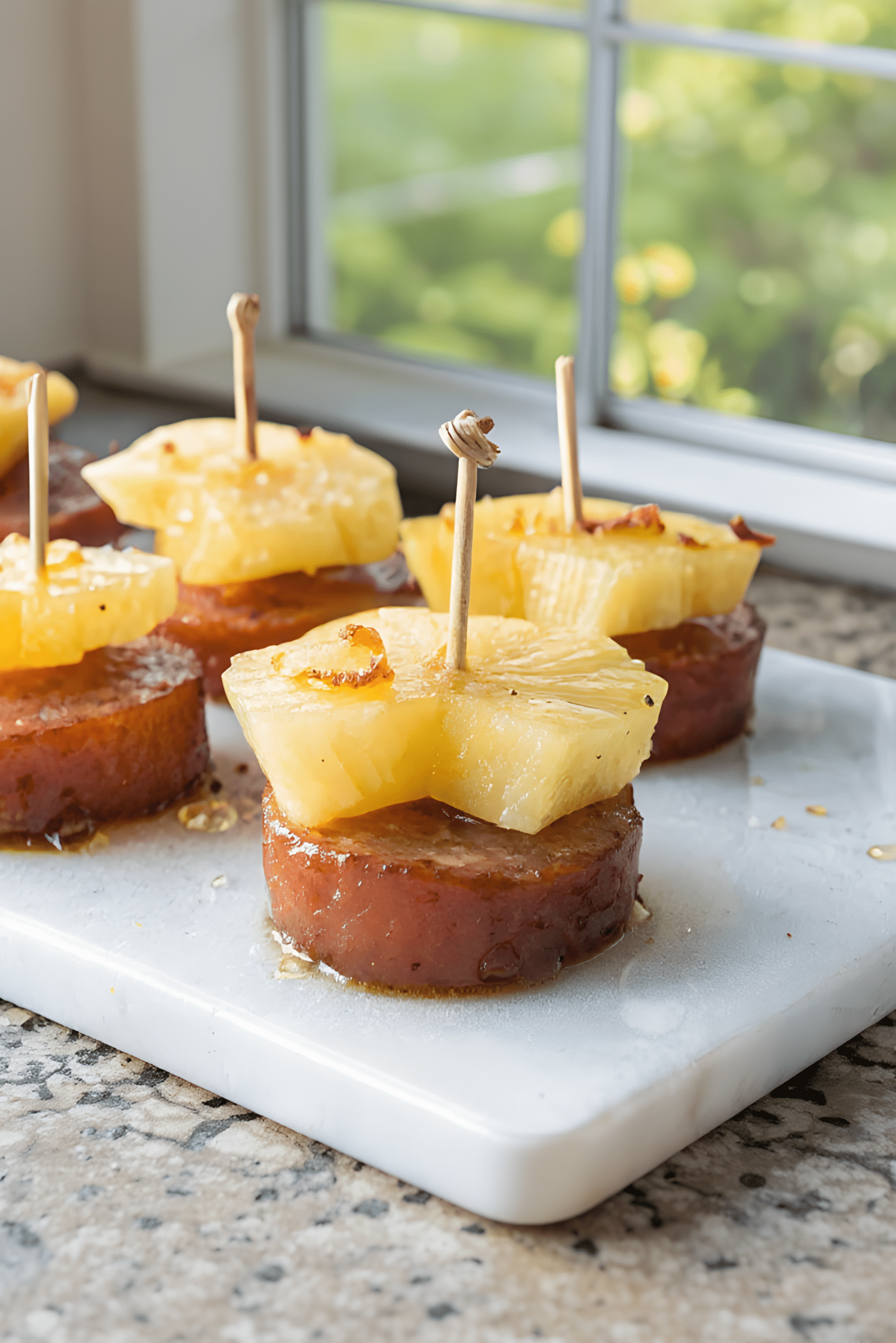 finished glazed kielbasa bites showing pineapple and caramelized glaze