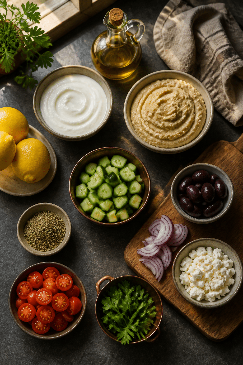 greek layer dip ingredients on charcoal stone