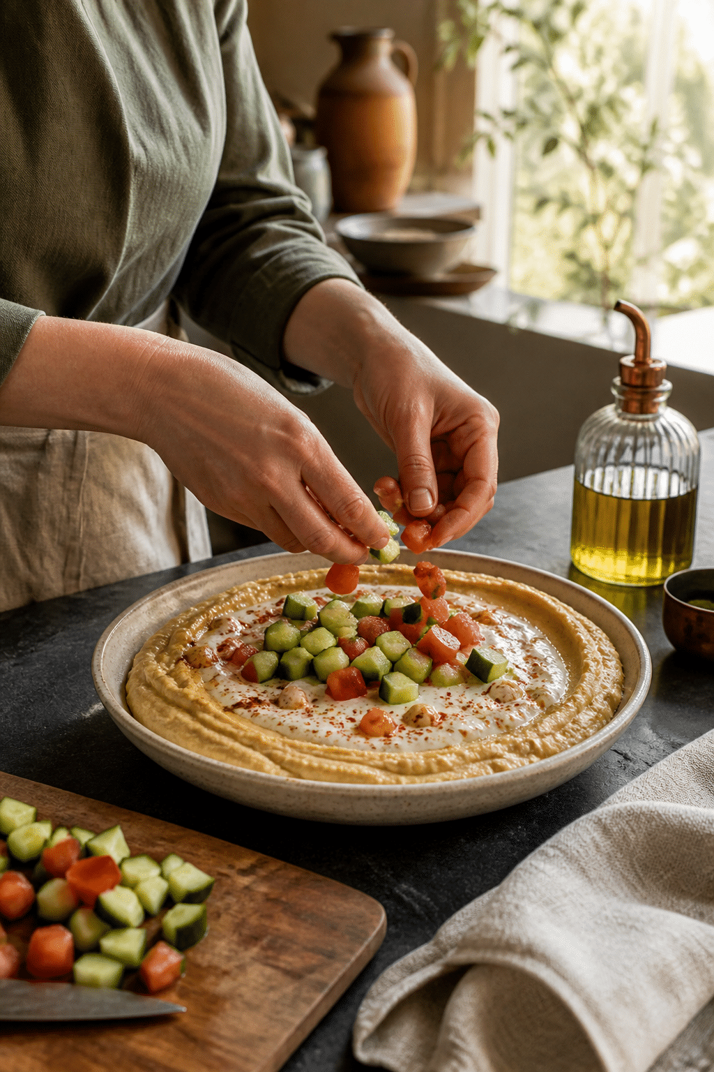 Vegetables being layered over hummus and yogurt