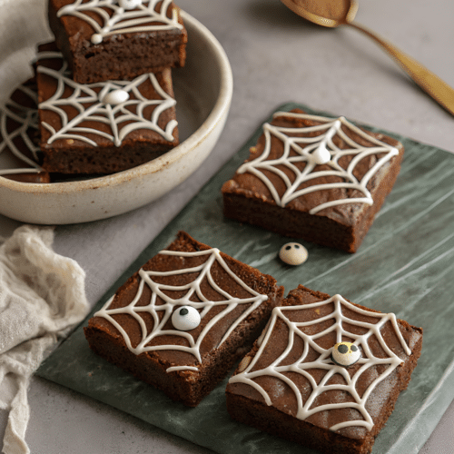 Halloween brownies with white spiderweb and mummy icing
