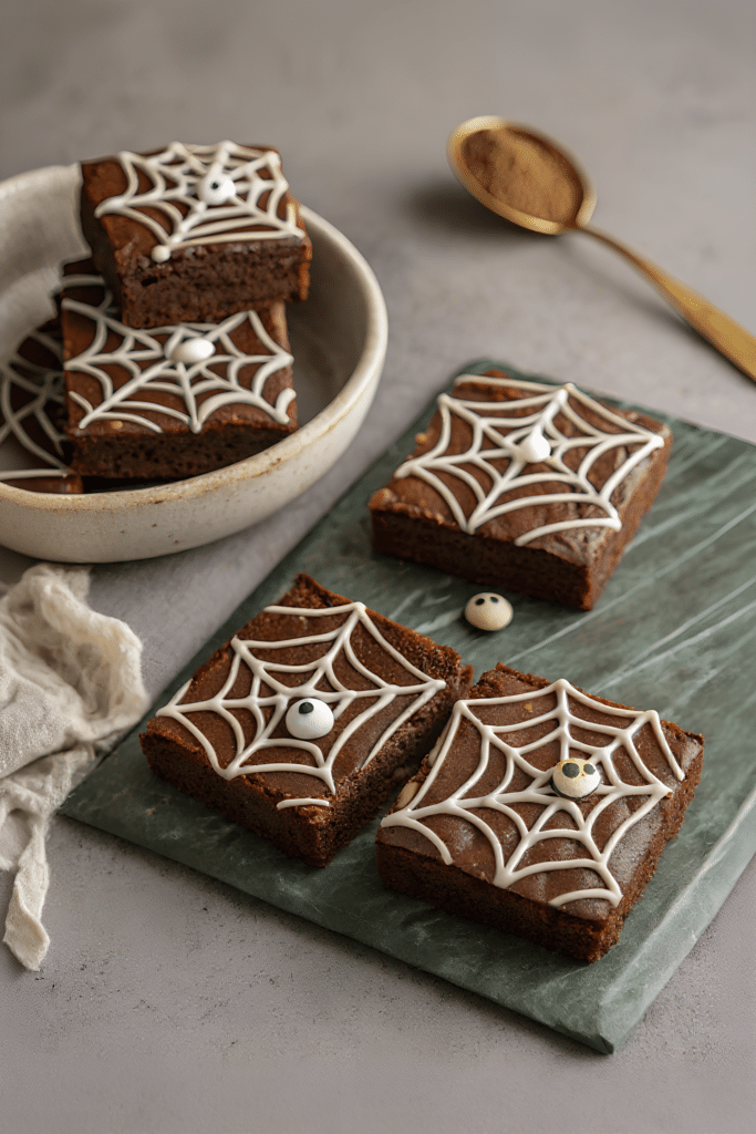 Halloween brownies with white spiderweb and mummy icing