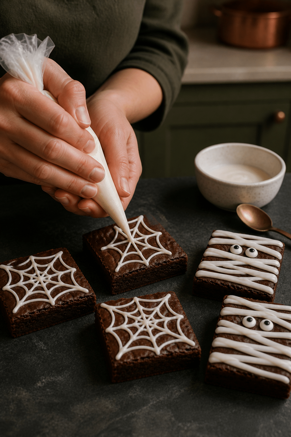 Piping a white royal icing spiderweb onto a cooled brownie square