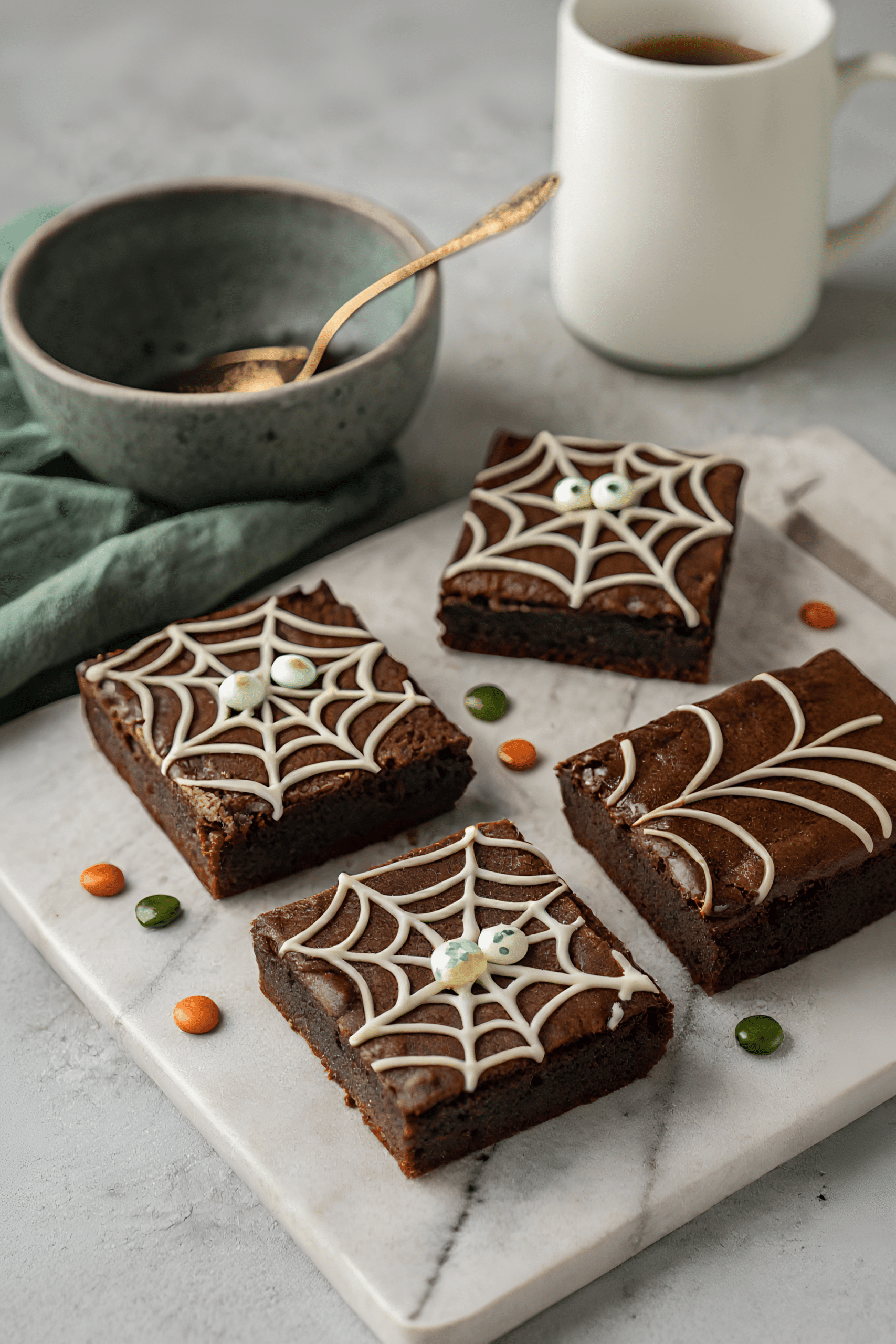 Finished Halloween brownies with white spiderweb and mummy icing designs