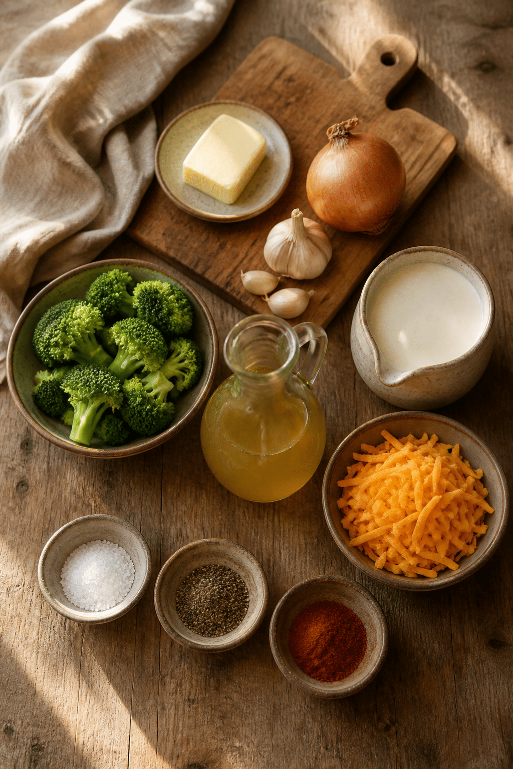 keto broccoli cheese soup ingredients arranged for preparation