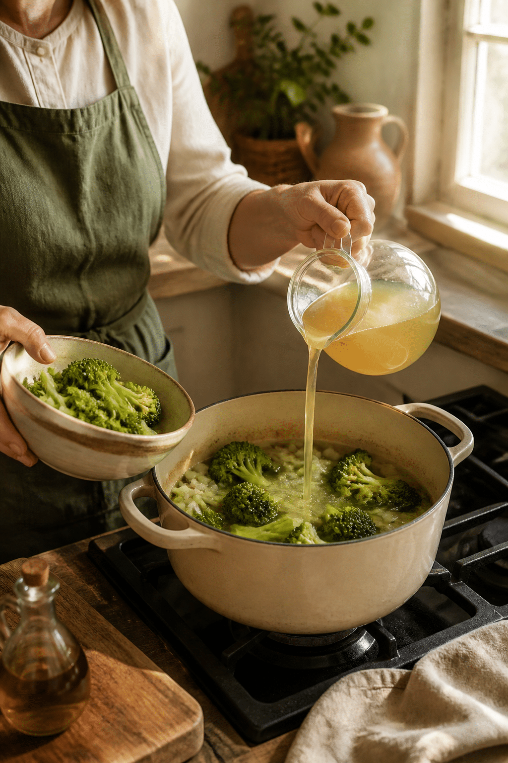 Preparing keto broccoli cheese soup in the reserved kitchen scene