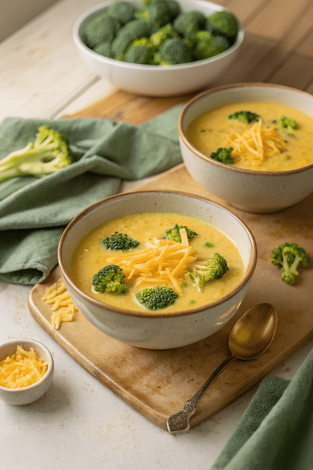 Close view of finished keto broccoli cheese soup