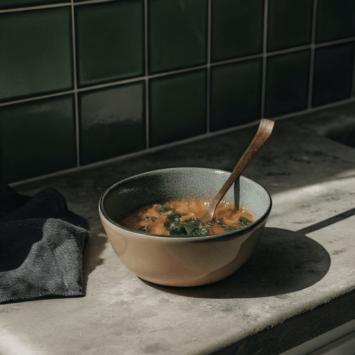 Finished Mediterranean lentil soup in the reserved kitchen scene