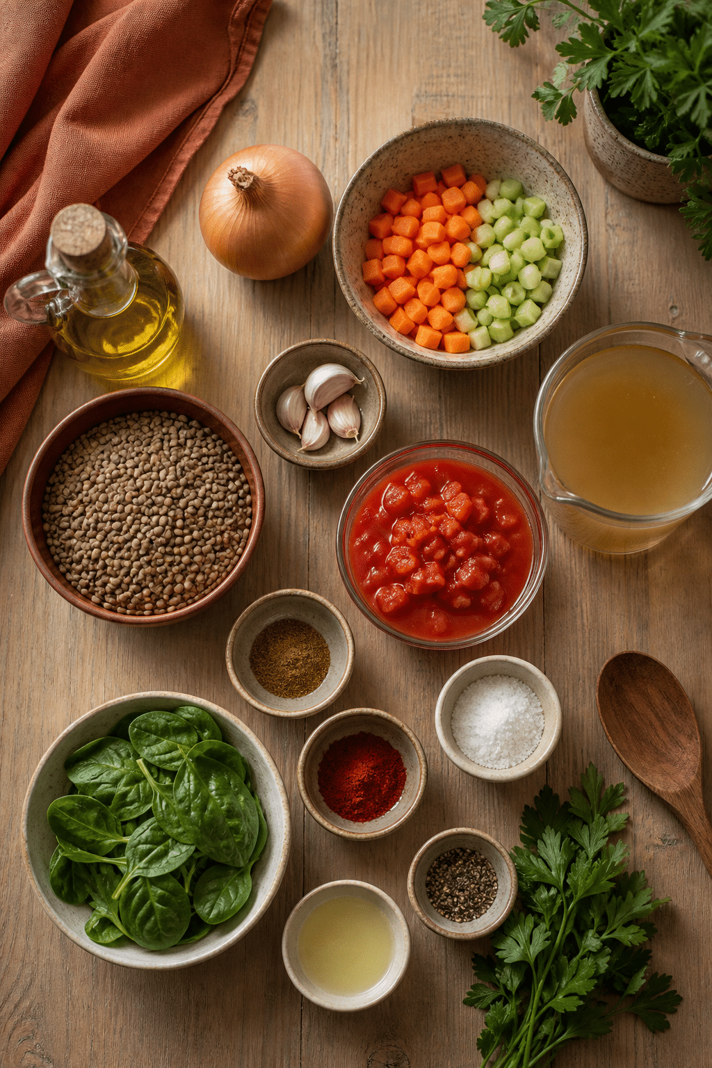 Ingredients measured for Mediterranean lentil soup