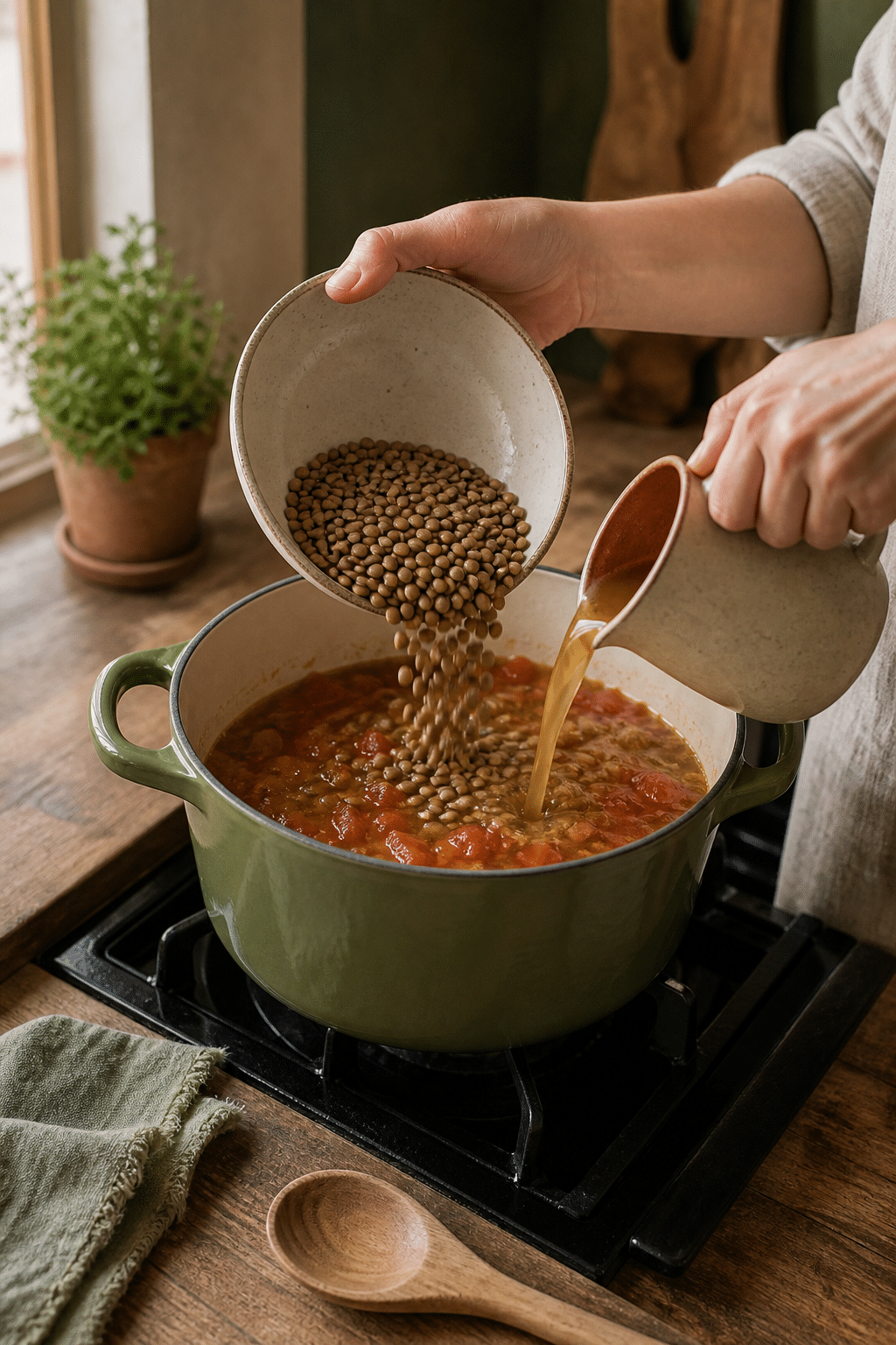 Preparing Mediterranean lentil soup in the reserved kitchen scene