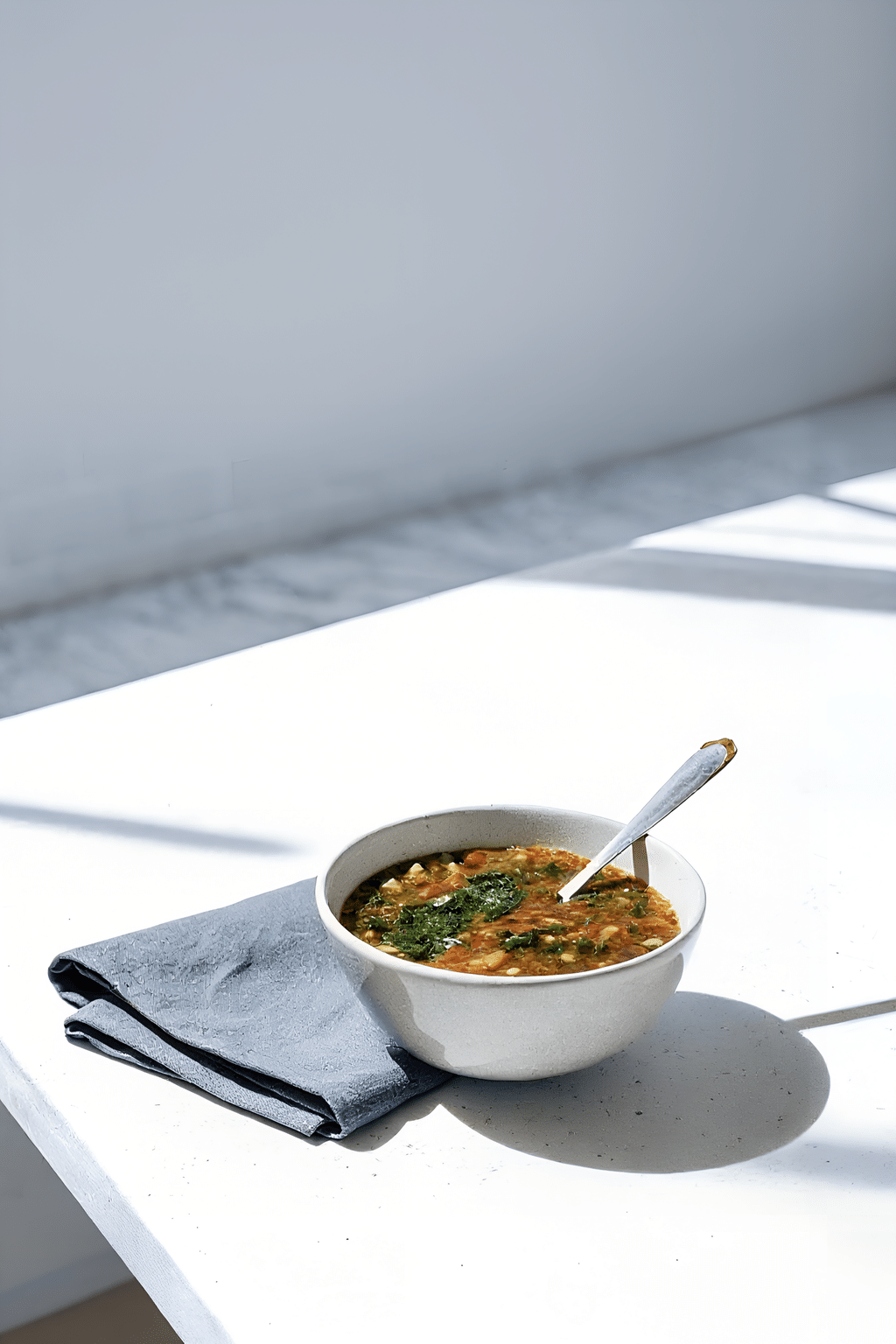 Close view of the finished Mediterranean lentil soup