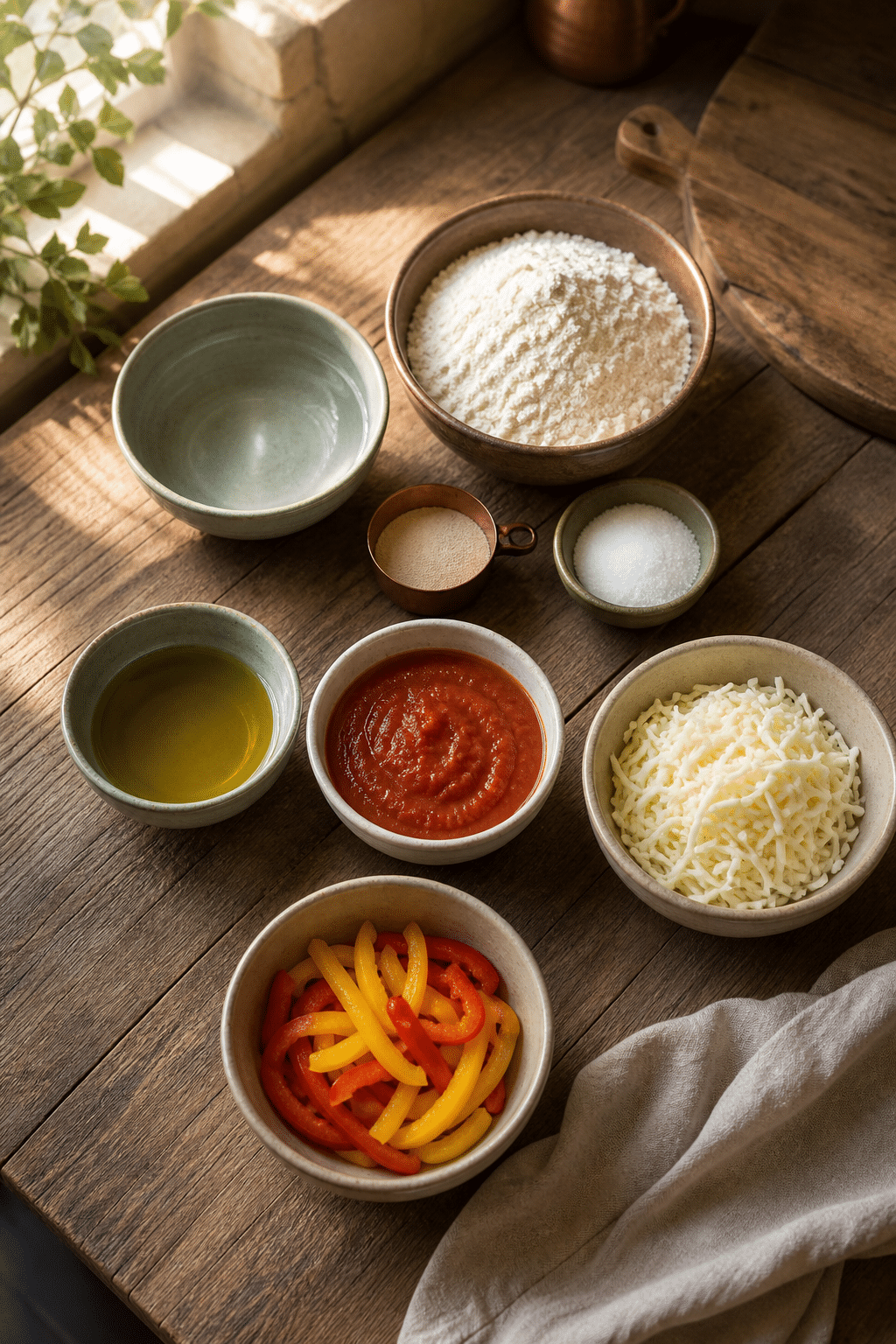 Mini pizzas with homemade dough ingredients on a family kitchen counter
