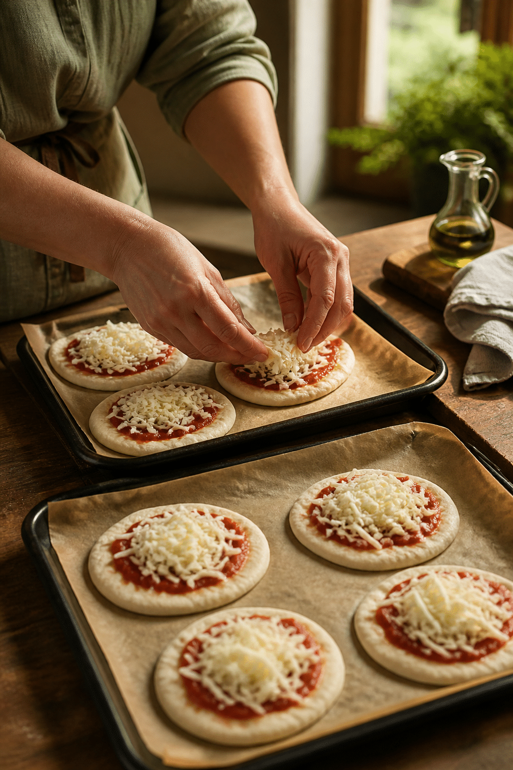 Small homemade pizza dough rounds being topped with sauce and cheese