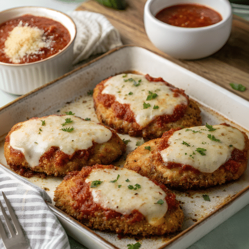 Finished oven baked chicken Parmesan ready to serve