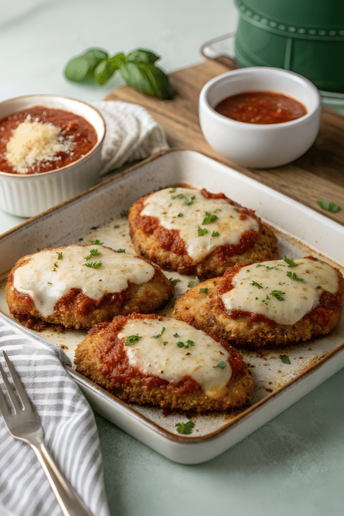 Finished oven baked chicken Parmesan ready to serve