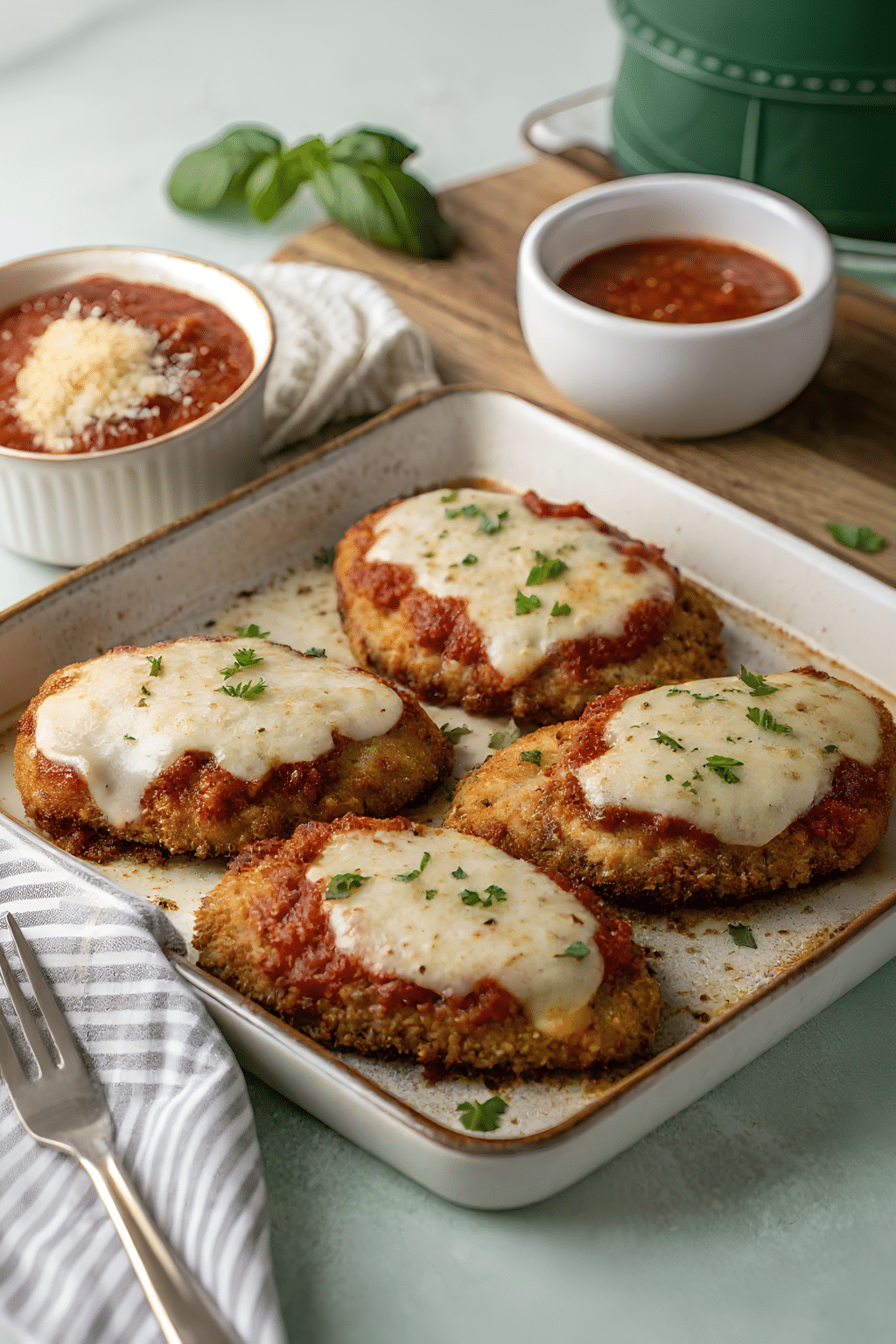 Finished oven baked chicken Parmesan ready to serve